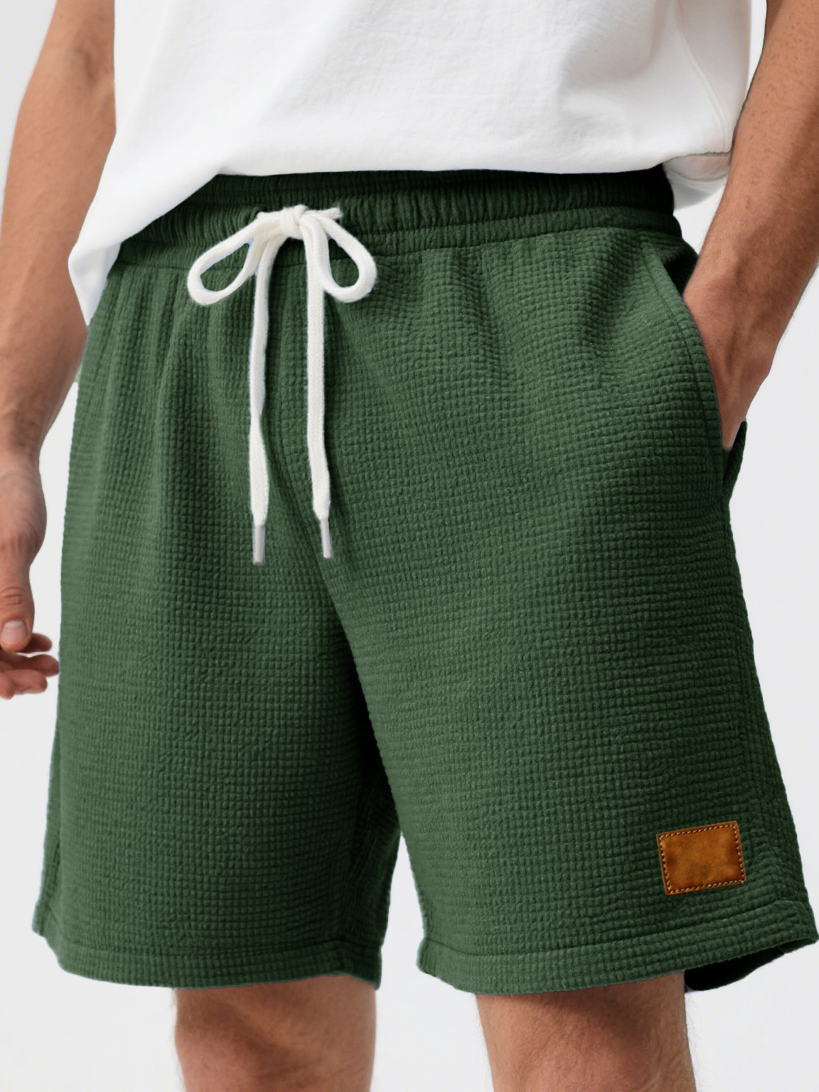 Men's Fashion Casual Waffle Fabric Embroidered Logo Lace-up Loose Shorts
