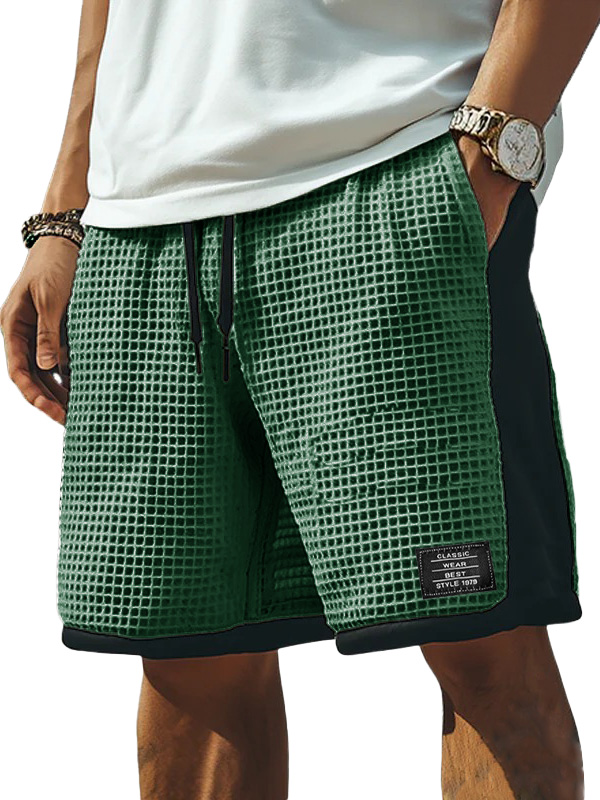 Men's Fashion Retro Patchwork Contrast Color Embroidered Logo Loose Elastic Drawstring Pocket Shorts