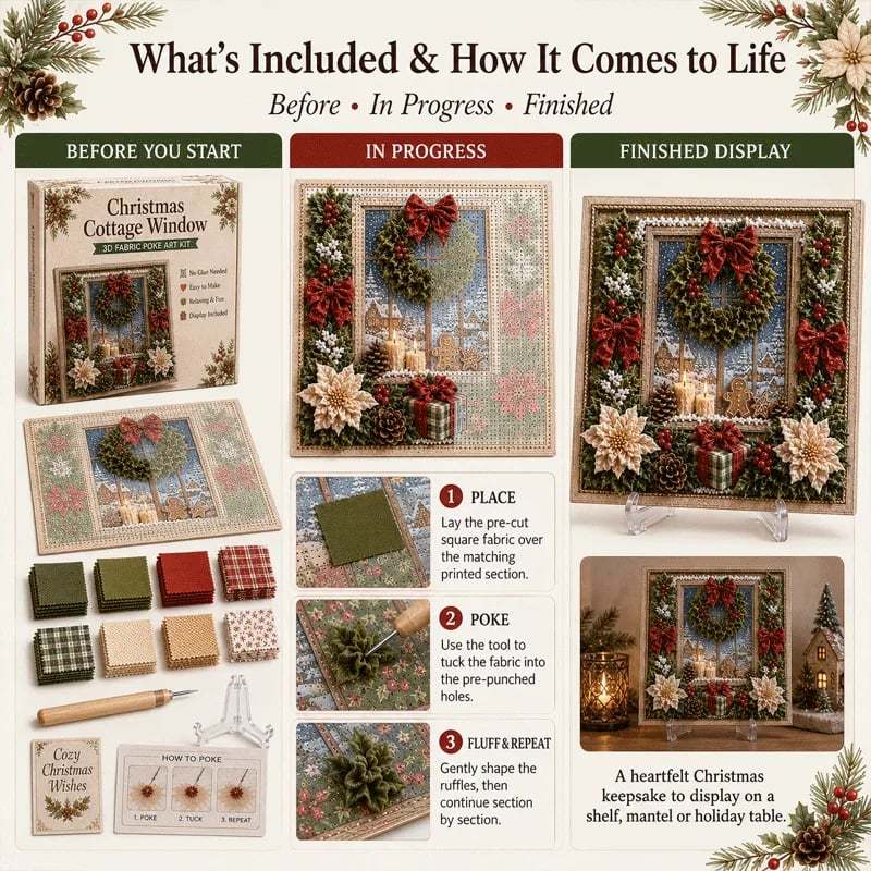 🎄🧵 Premium 3D Christmas Fabric Poke Art Kit | No-Sew Holiday Craft with Pre-Punched Board, Fabric Squares & Display Stand 🎅✨