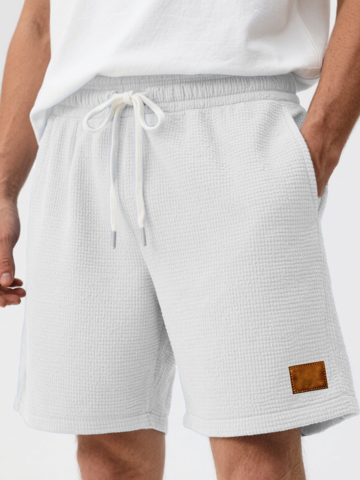 Men's Fashion Casual Waffle Fabric Embroidered Logo Lace-up Loose Shorts