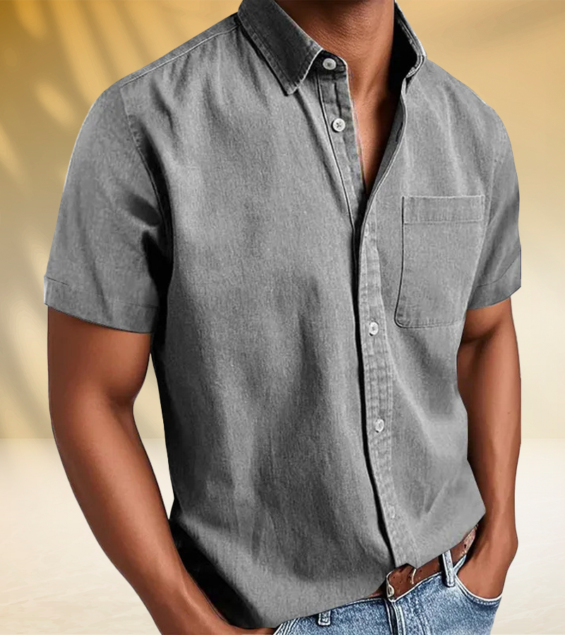 Classic Short-Sleeve Button-Up Shirt for Men – Soft Washed Fabric with Chest Pocket