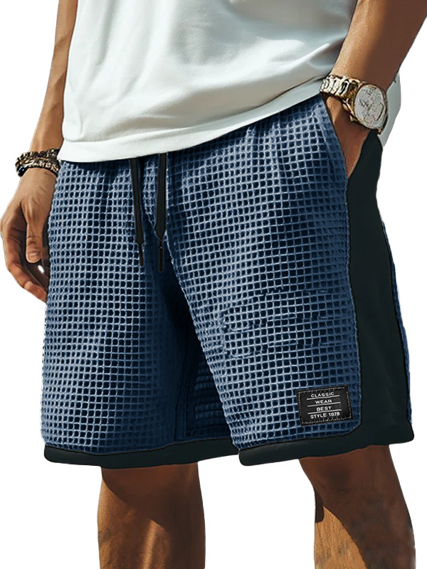 Men's Fashion Retro Patchwork Contrast Color Embroidered Logo Loose Elastic Drawstring Pocket Shorts