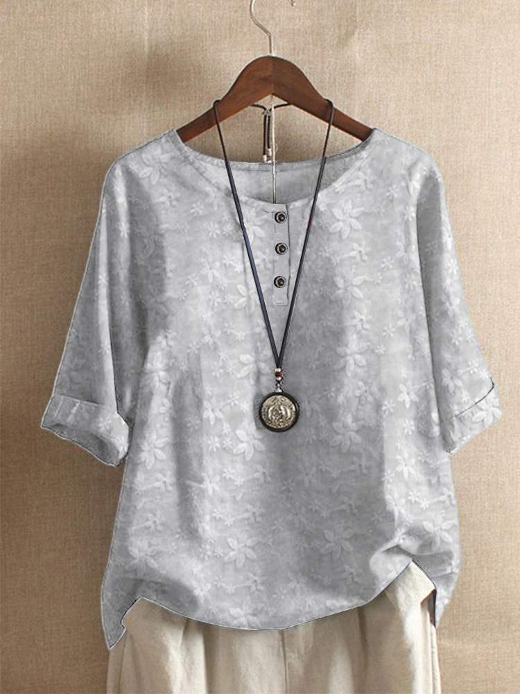 Women's Round Neck Loose Striped Button Top