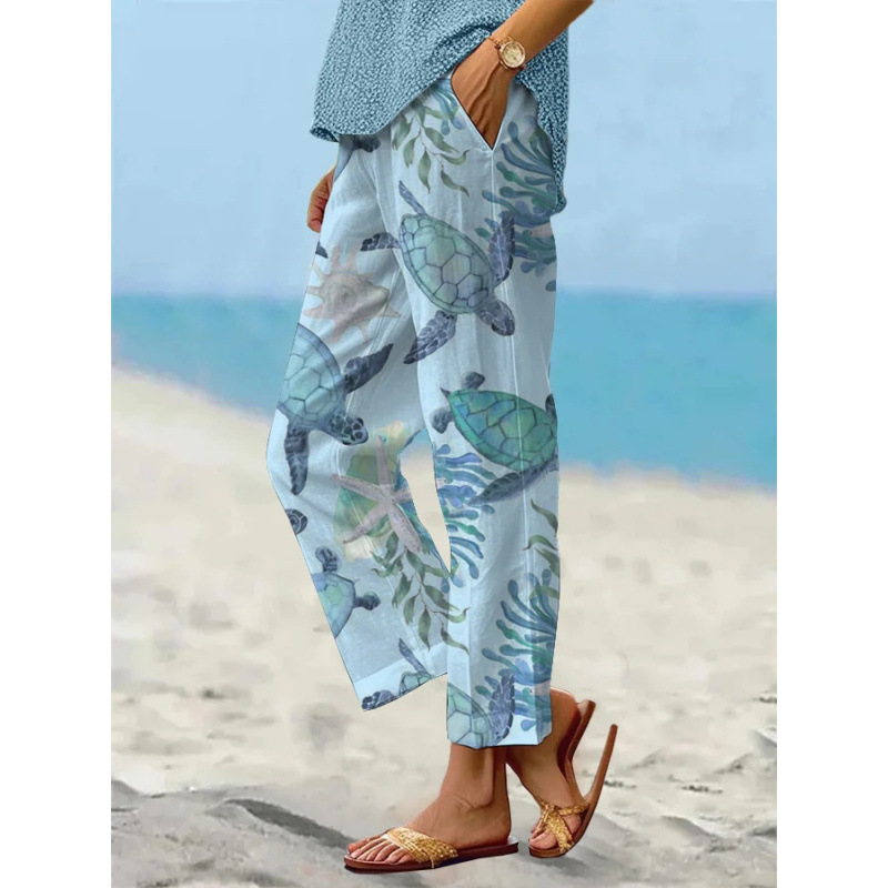 Women’s Sea Turtle Print Linen Pants – Relaxed Fit Beach Trousers with
