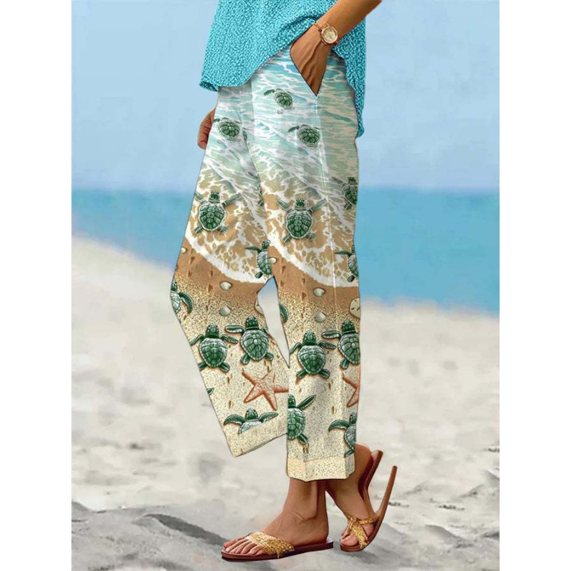 Women’s Sea Turtle Print Linen Pants – Relaxed Fit Beach Trousers with