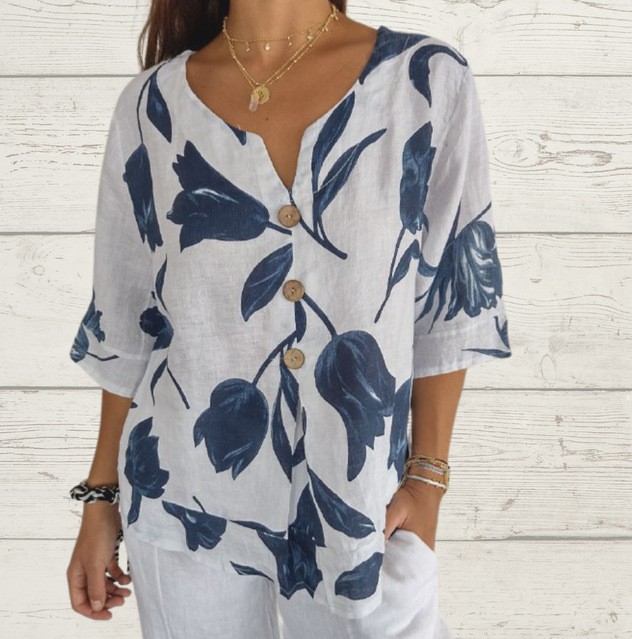 Women's Loose Floral Print Button Down Blouse – Casual 3/4 Sleeve Linen Top | Lightweight Summer Shirt Plus Size (S–5XL)