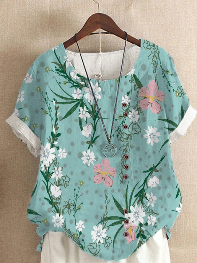 Women's Elegant Bamboo Pattern Cotton And Linen Short Sleeve Top