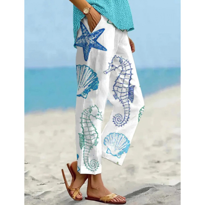 Women’s Sea Turtle Print Linen Pants – Relaxed Fit Beach Trousers with