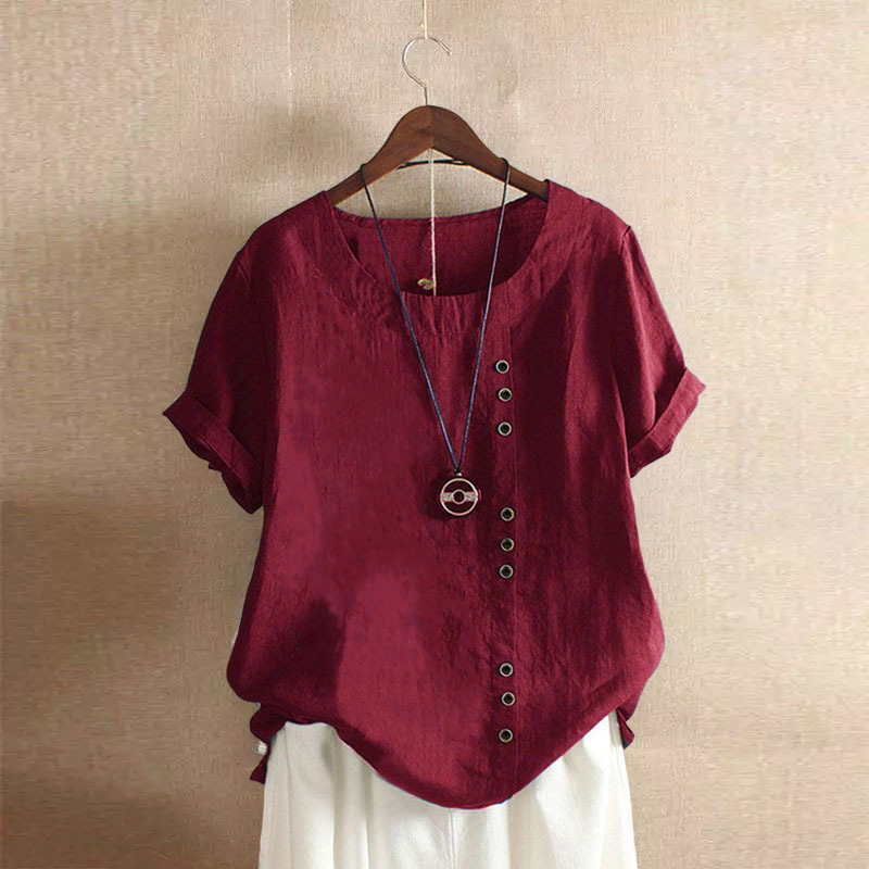Vintage-Inspired Button Detail Linen Blouse for Women – Summer Casual 