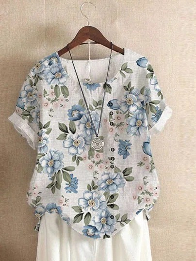 Women's Elegant Bamboo Pattern Cotton And Linen Short Sleeve Top