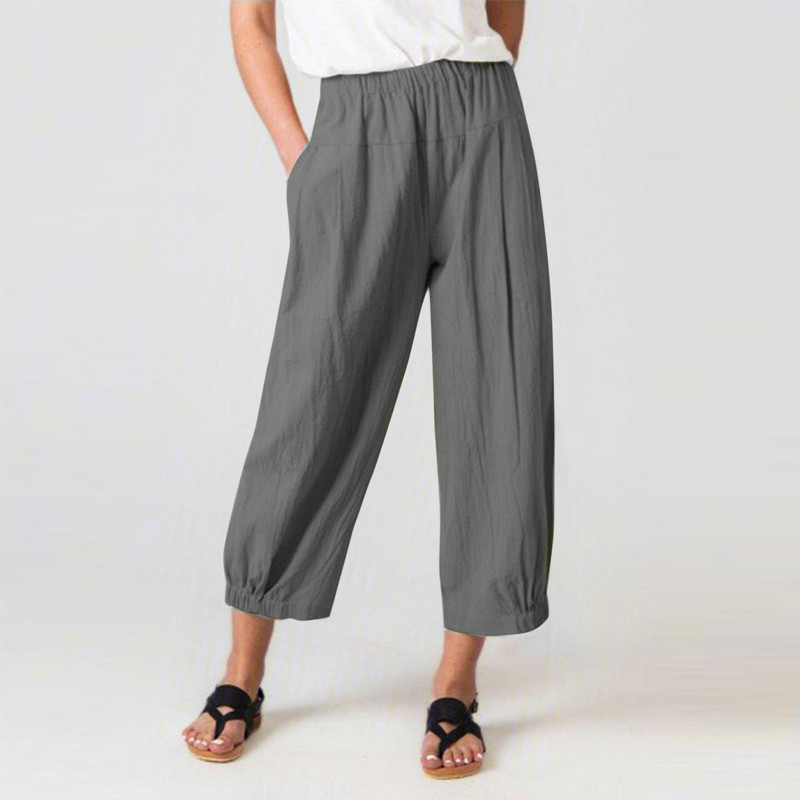 Women’s Cotton Linen High-Waist Cropped Wide-Leg Pants – Loose Fit, Br