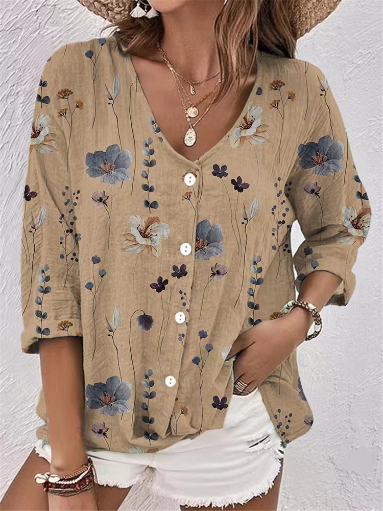 Boho Floral Button-Up Linen Blouse for Women – Lightweight Summer Casu