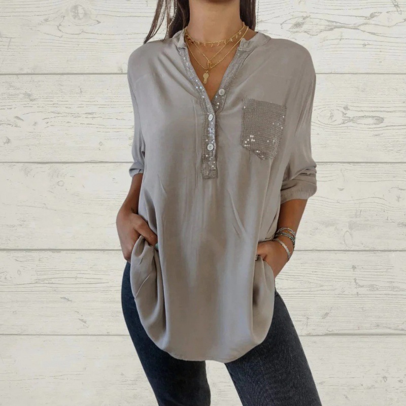 Women's V-Neck Sequin Patchwork Shirt