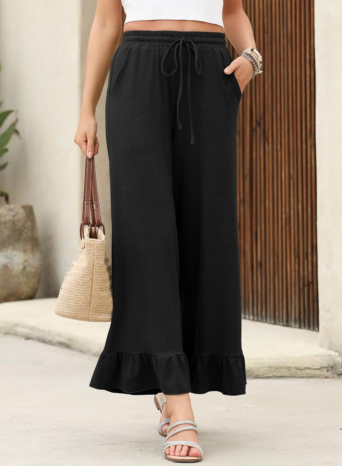 Women's Wide Leg Lounge Pants – High Waist Ruffle Hem Drawstring Trous