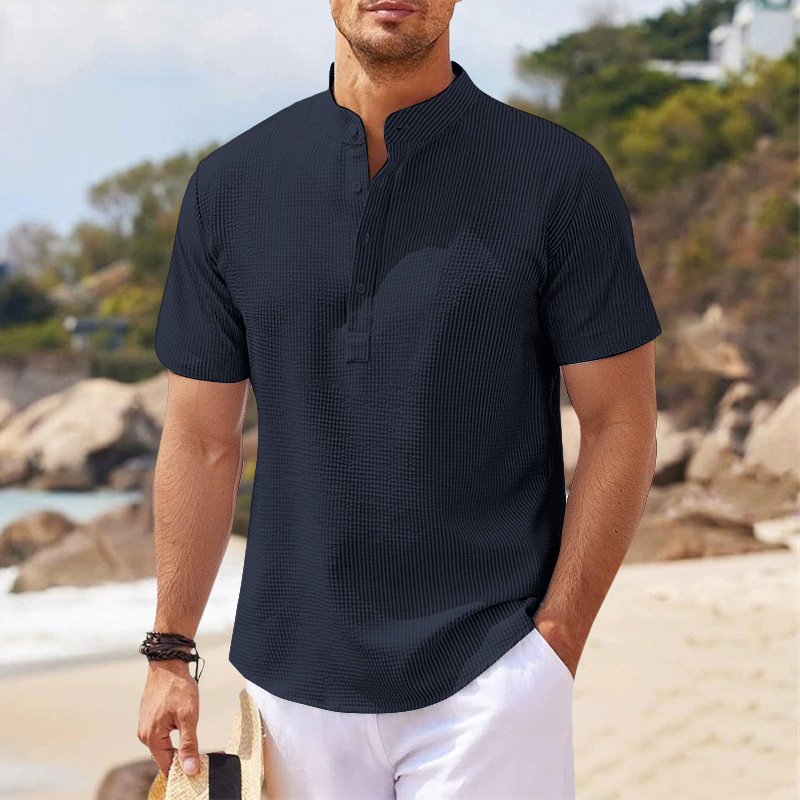 Men's Stand Collar Short Sleeve Shirt – Lightweight Casual Henley Beach Shirt (S–5XL)