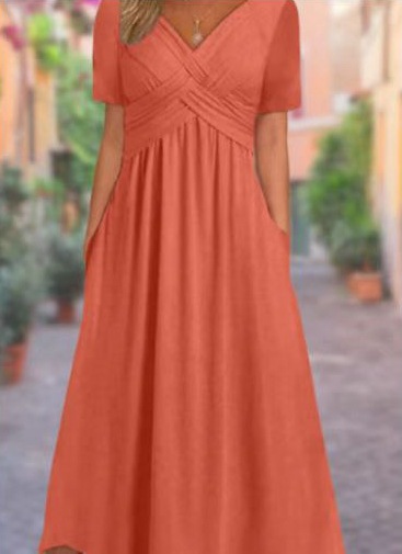 Women's Solid Color V-Neck Dress – Casual Short Sleeve Summer Dress