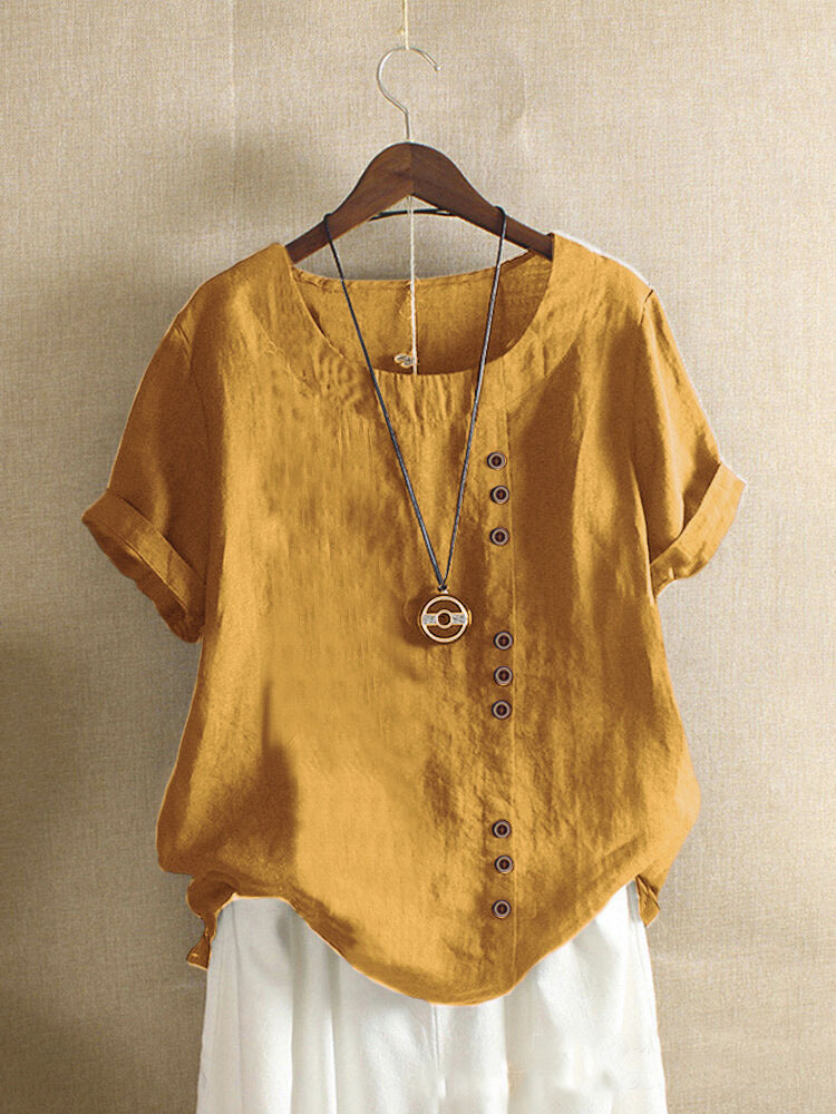 Vintage-Inspired Button Detail Linen Blouse for Women – Summer Casual 