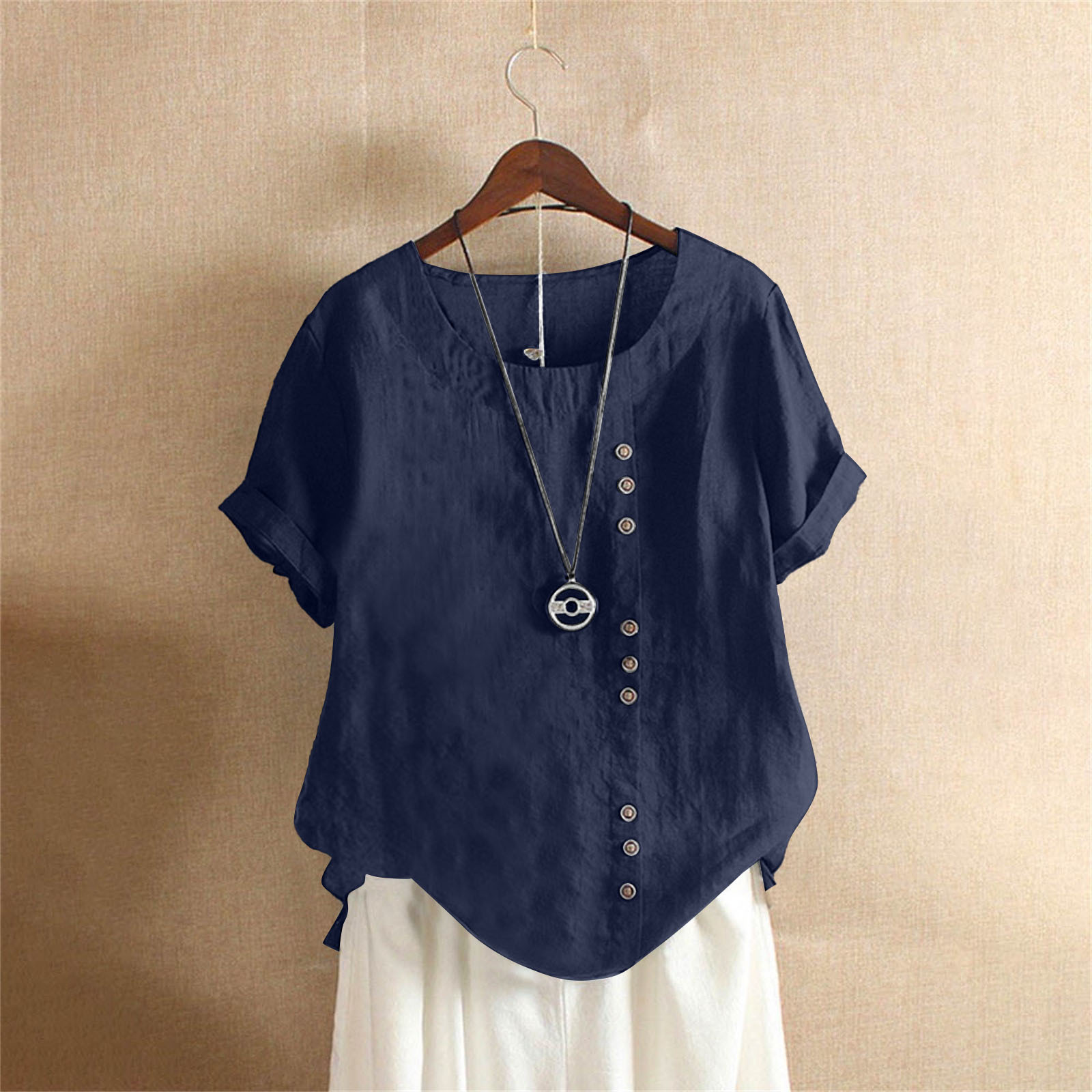 Vintage-Inspired Button Detail Linen Blouse for Women – Summer Casual 