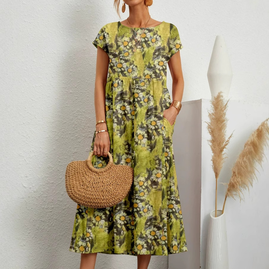 Sophia | Women's Loose-Fit Crew Neck Printed Dress with Pockets
