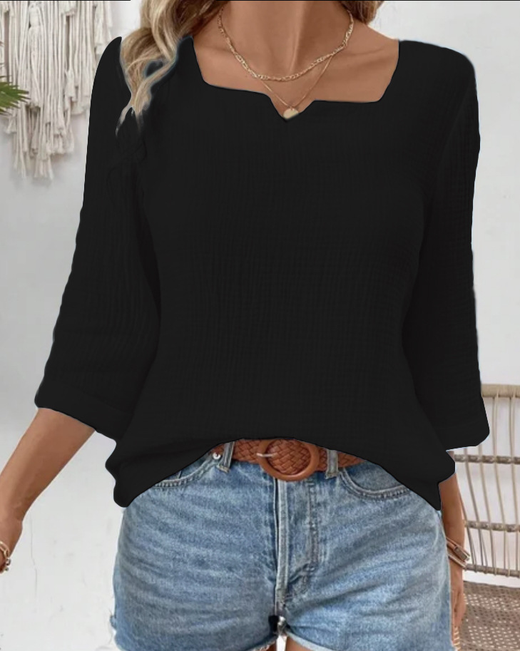 Women's Shirt Blouse Solid Color Daily Basic 3/4 Length Sleeve Notched