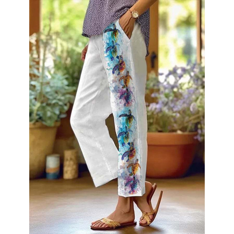 Women’s Sea Turtle Print Linen Pants – Relaxed Fit Beach Trousers with Pockets
