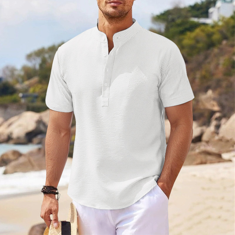Men's Stand Collar Short Sleeve Shirt – Lightweight Casual Henley Beach Shirt (S–5XL)