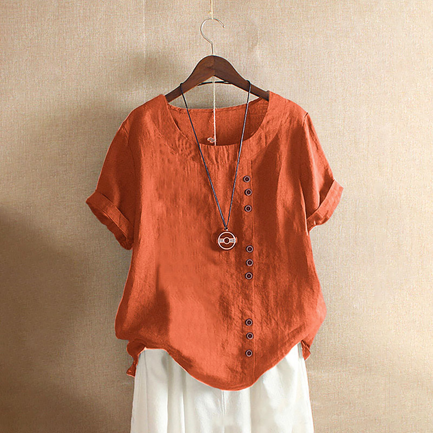 Vintage-Inspired Button Detail Linen Blouse for Women – Summer Casual 