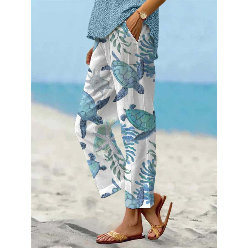 Women’s Sea Turtle Print Linen Pants – Relaxed Fit Beach Trousers with
