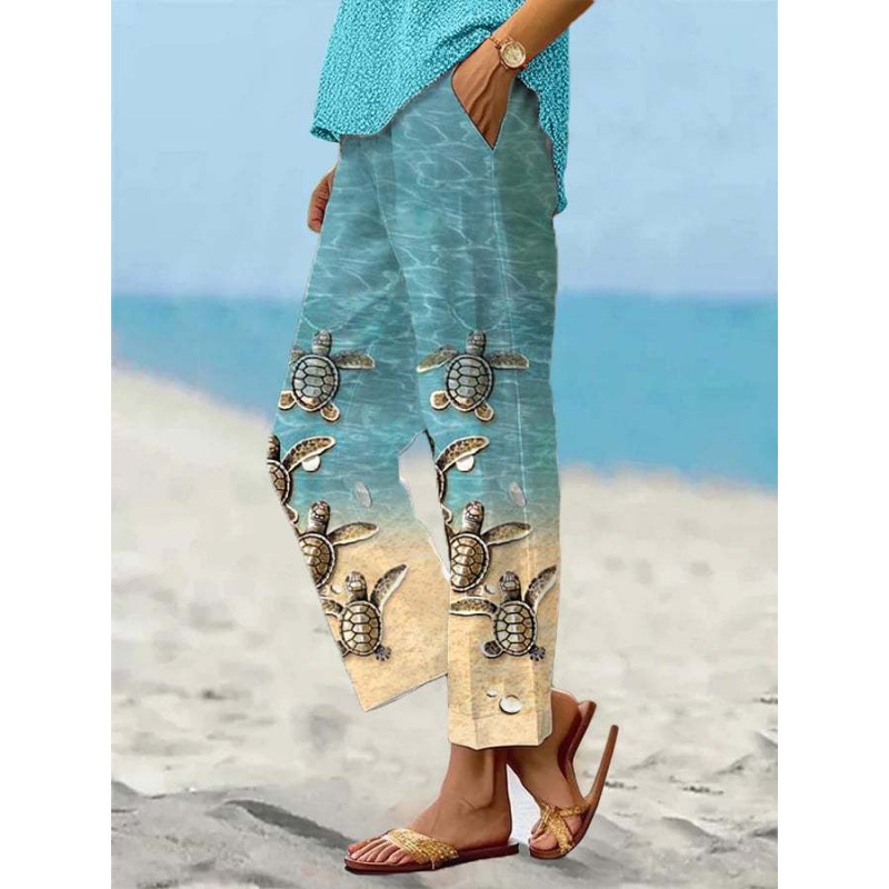 Women’s Sea Turtle Print Linen Pants – Relaxed Fit Beach Trousers with