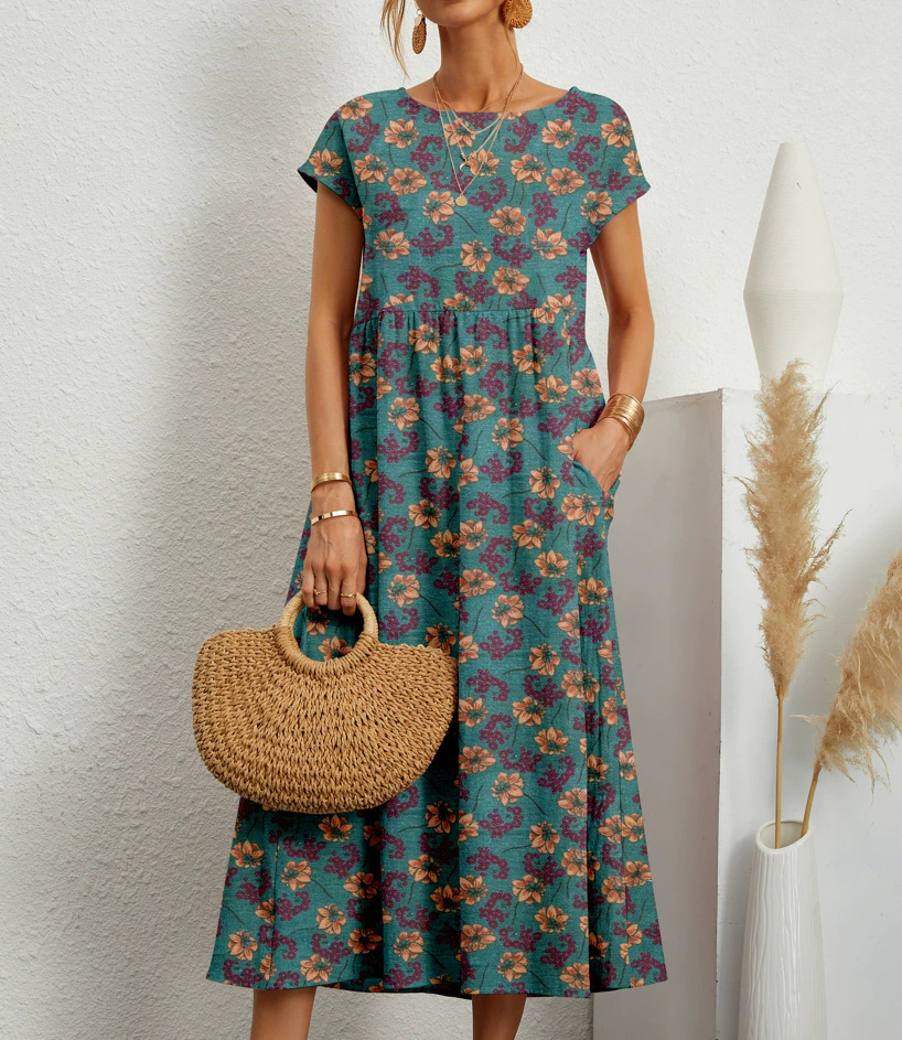 Sophia | Women's Loose-Fit Crew Neck Printed Dress with Pockets