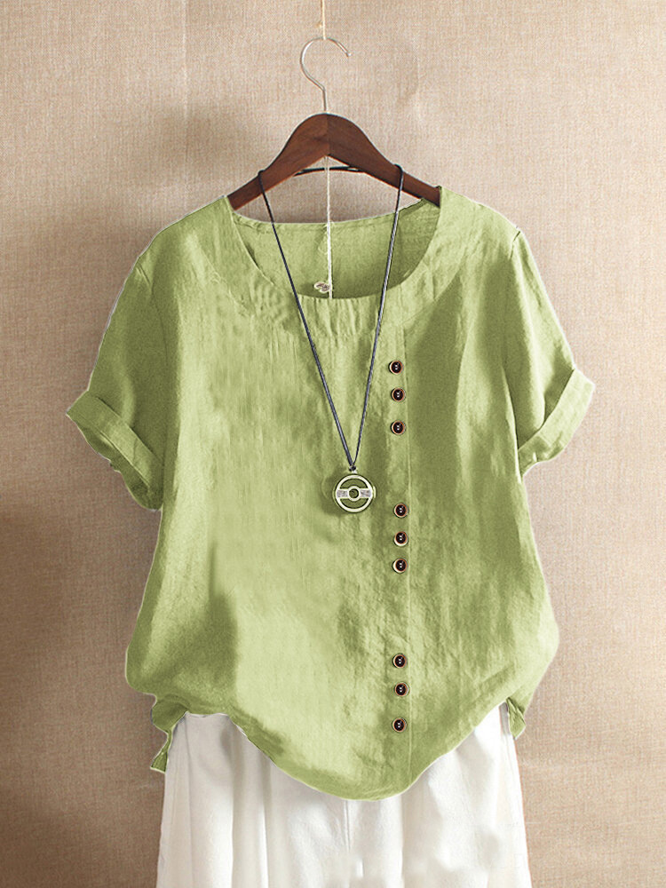 Vintage-Inspired Button Detail Linen Blouse for Women – Summer Casual 