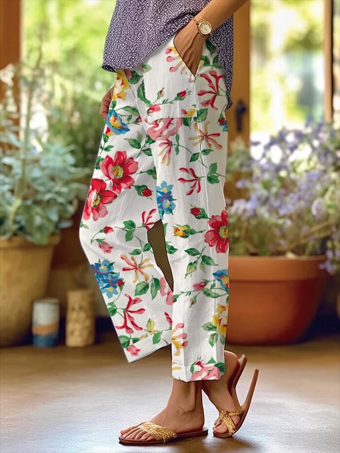 Women's Floral Print Loose-Fit Casual Pants with Pockets