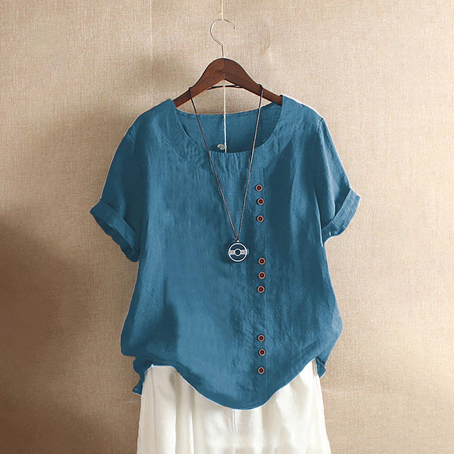 Vintage-Inspired Button Detail Linen Blouse for Women – Summer Casual 