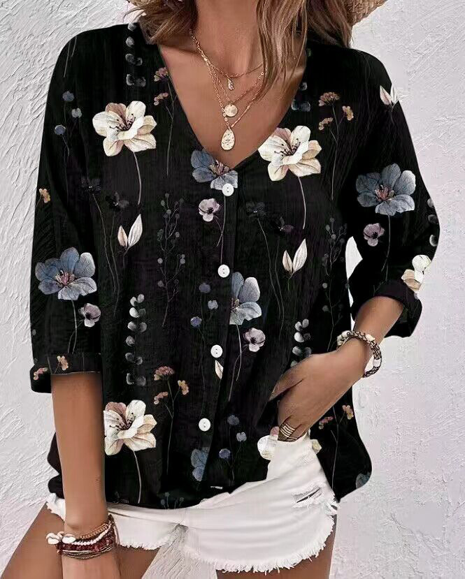 Boho Floral Button-Up Linen Blouse for Women – Lightweight Summer Casu