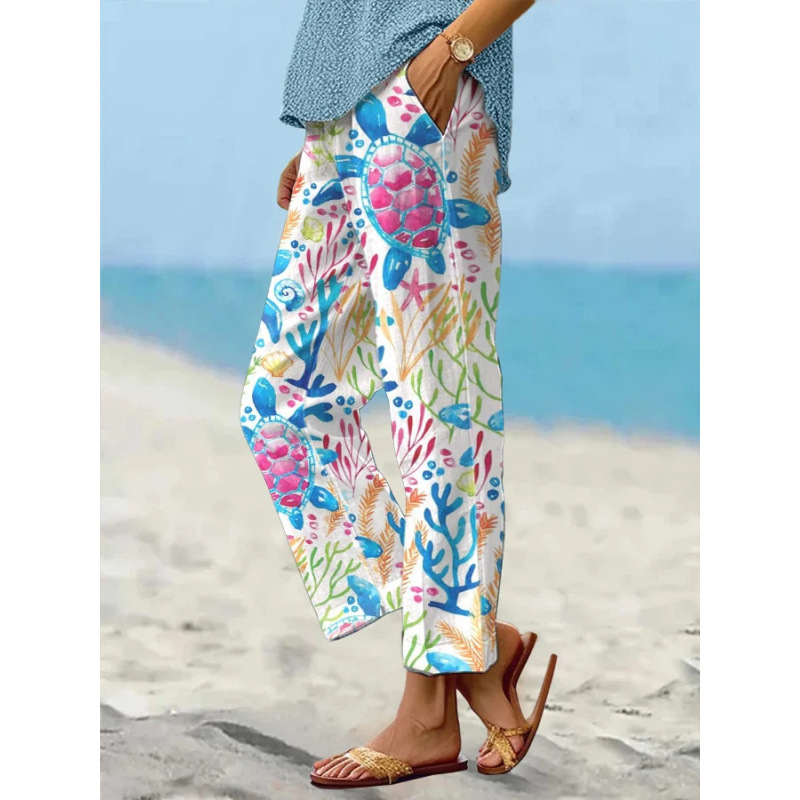 Women’s Sea Turtle Print Linen Pants – Relaxed Fit Beach Trousers with