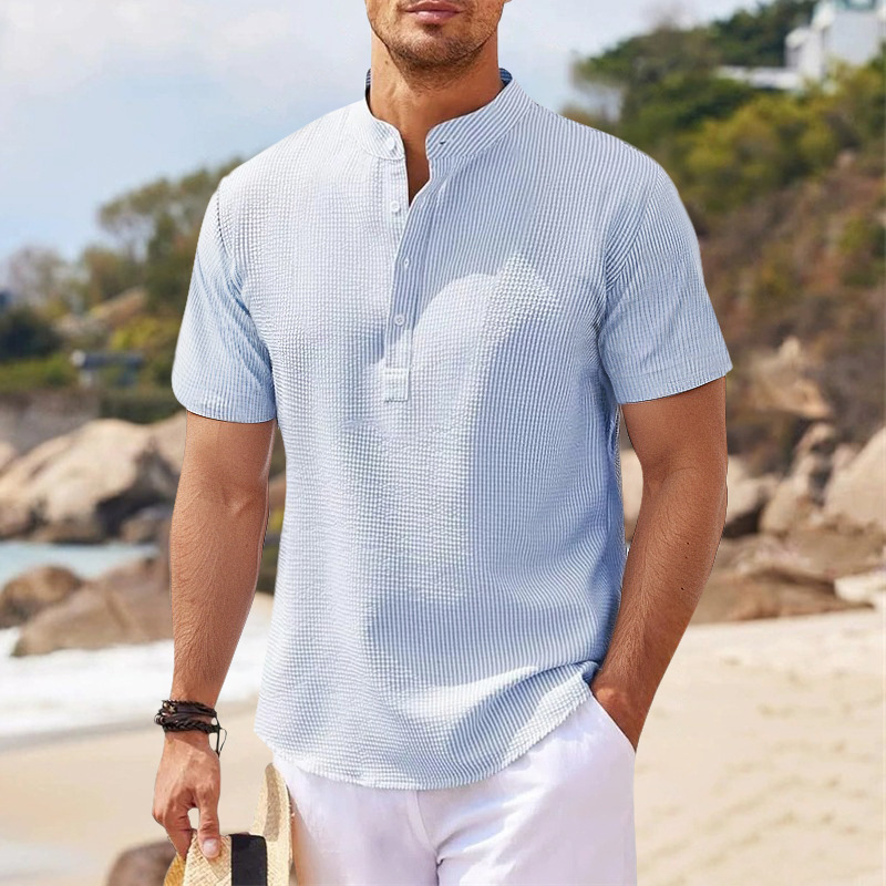 Men's Stand Collar Short Sleeve Shirt – Lightweight Casual Henley Beach Shirt (S–5XL)