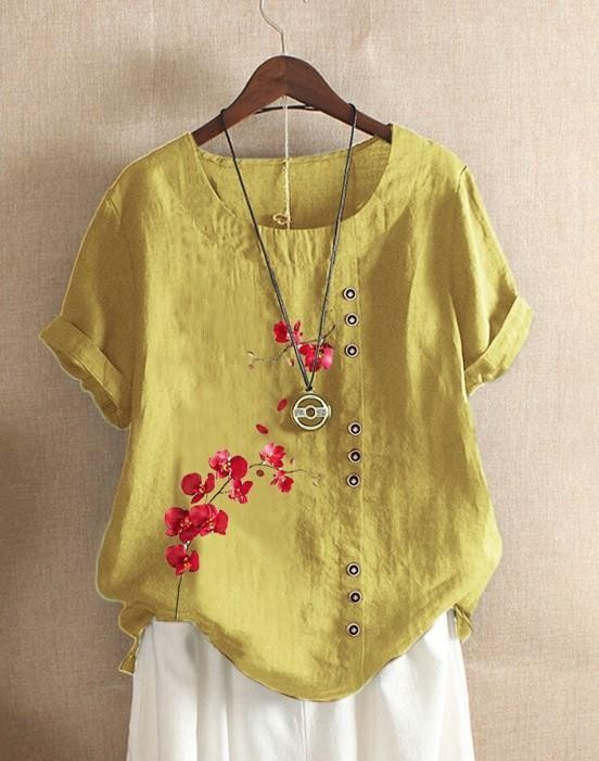 Women's Elegant Bamboo Pattern Cotton And Linen Short Sleeve Top