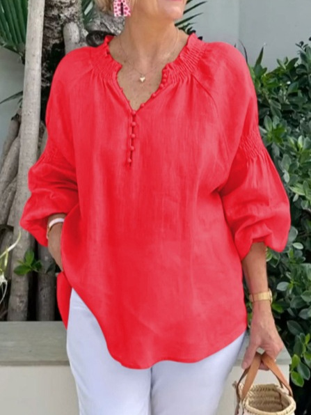 2025 Ladies Casual V-neck Solid Color Cotton and Linen Long Sleeve Top