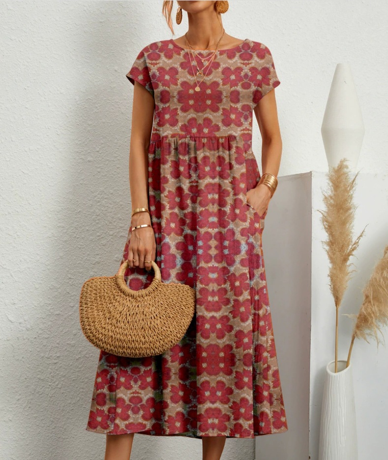 Sophia | Women's Loose-Fit Crew Neck Printed Dress with Pockets