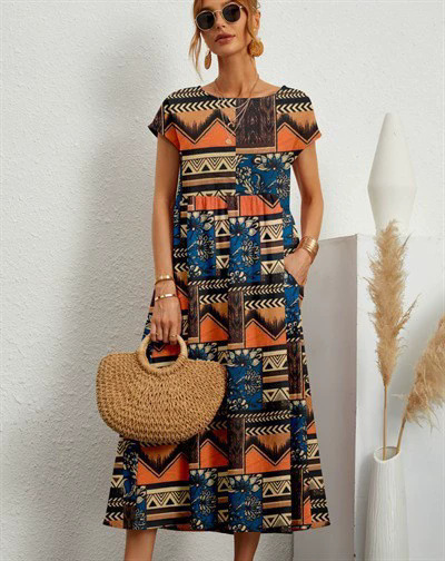 Sophia | Women's Loose-Fit Crew Neck Printed Dress with Pockets