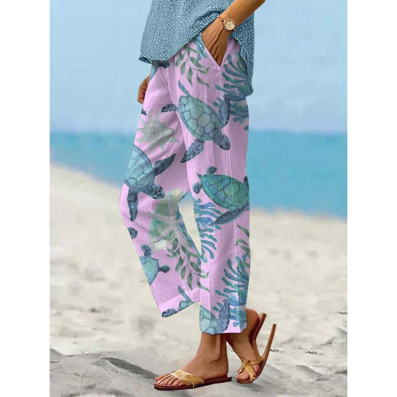 Women’s Sea Turtle Print Linen Pants – Relaxed Fit Beach Trousers with