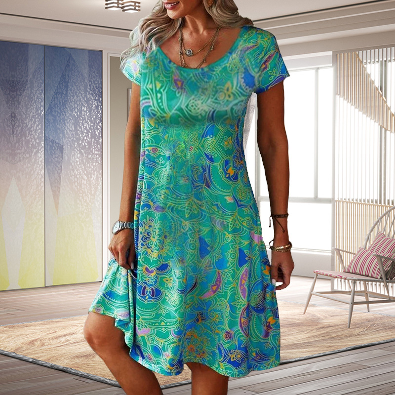 Floral Print Summer Dress with Short Sleeves for Women – Casual Loose 