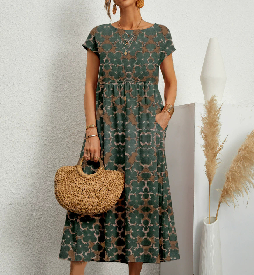 Sophia | Women's Loose-Fit Crew Neck Printed Dress with Pockets