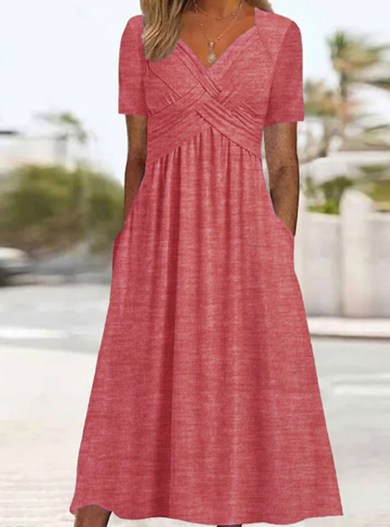 Women's Solid Color V-Neck Dress – Casual Short Sleeve Summer Dress