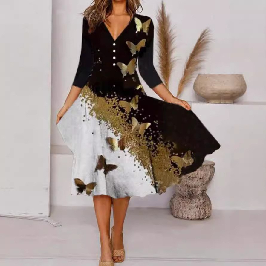 Loose Waist Long Sleeve Black and White Dress