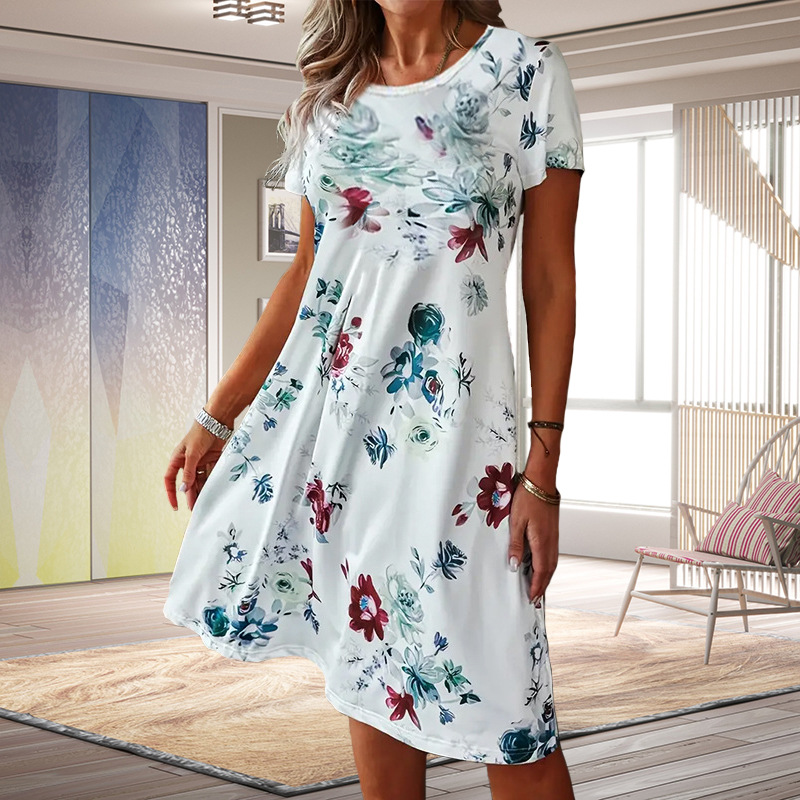 Floral Print Summer Dress with Short Sleeves for Women – Casual Loose 
