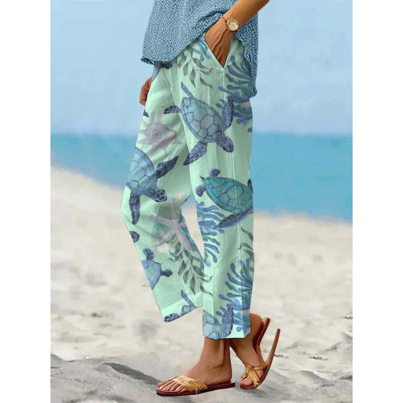 Women’s Sea Turtle Print Linen Pants – Relaxed Fit Beach Trousers with