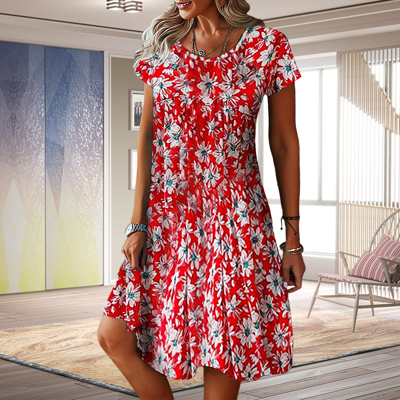 Floral Print Summer Dress with Short Sleeves for Women – Casual Loose 