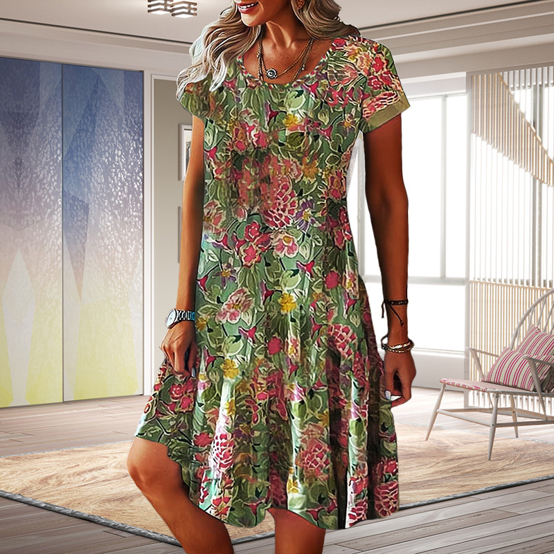 Floral Print Summer Dress with Short Sleeves for Women – Casual Loose 