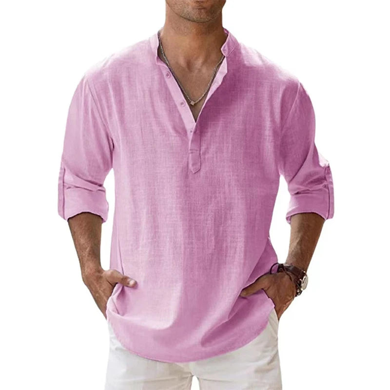Linen Long Sleeve Breathable Shirt Tops S-5XL Casual Solid Color Fashi
